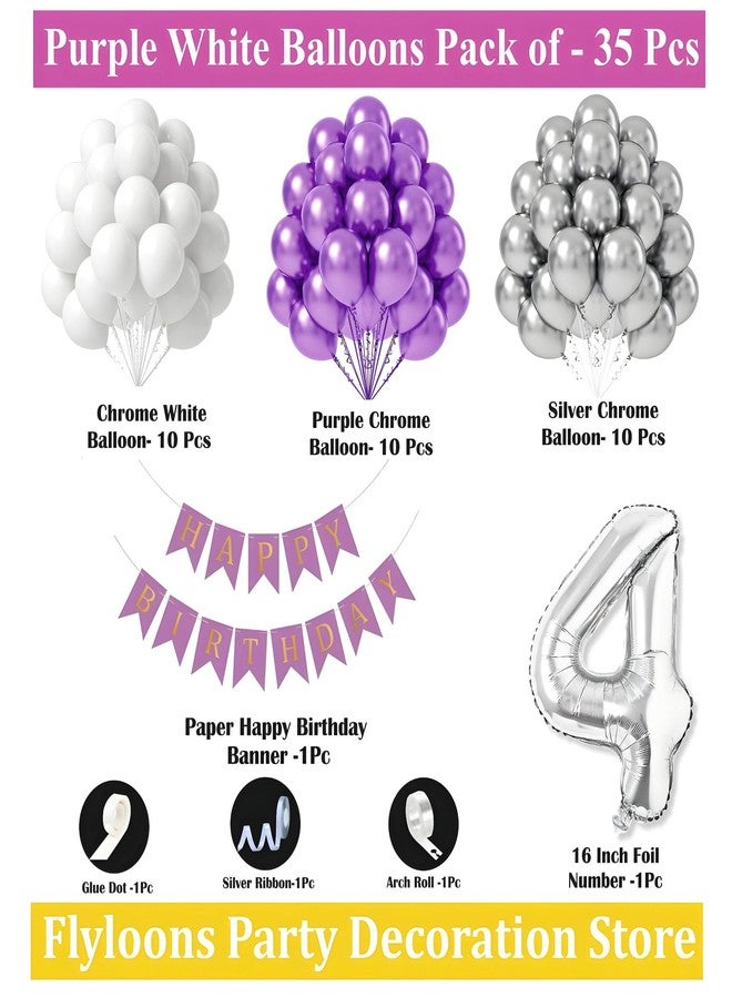 Flyloons مجموعة زينة عيد الميلاد الرابع من فلاي لونز، بتصميم أرجواني وأبيض، مناسبة للأولاد والبنات والأطفال | 30 بالونًا باللون الأرجواني والأبيض والفضي | لافتة عيد ميلاد سعيد باللون الأرجواني | شريط قوس | نقاط لاصقة - Image 2